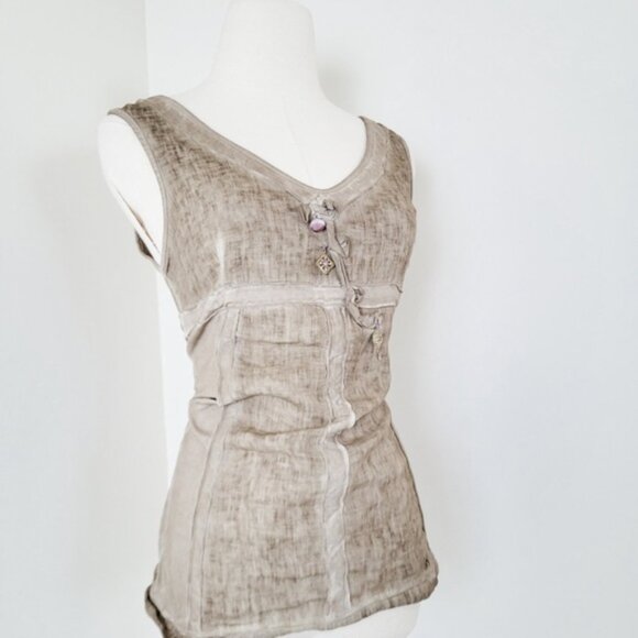 Tan Tank Top Sleeveless Vneck Babydoll Empire Waist Panelling Panels Fitted - Picture 11 of 13